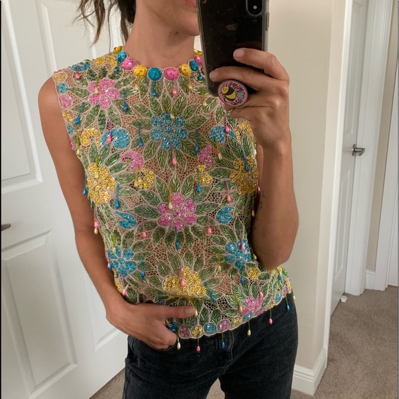 Small Vintage 80’ beaded flowers embroidered top - Picture 1 of 7